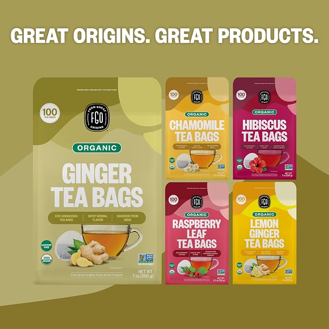 FGO Organic Ginger Tea, 100 Count, Eco-Conscious Tea Bags, Resealable Bag, Packaging May Vary (Pack of 1)