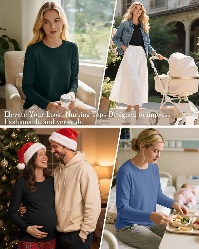 3 Pack Nursing Tops for Breastfeeding Maternity Shirts Zipper Long Sleeve Round Neck Knit Casual Nursing Clothes