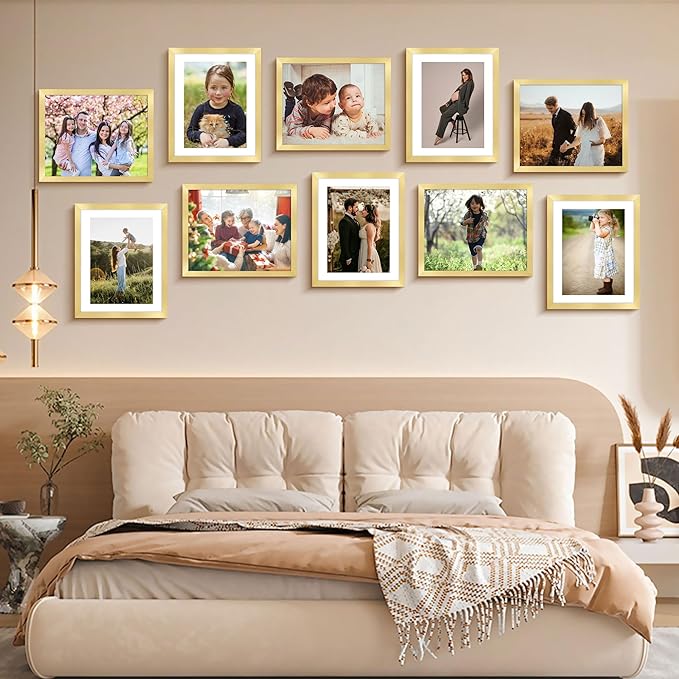 8x10 Picture Frame Set of 2, Gold Picture Frames Collage for Tabletop or Wall Display, Photo Frame with HD Plexiglass, Display Pictures 5x7 with Mat or 8x10 Without Mat