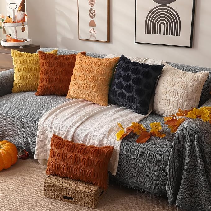 DFXSZ Fall Pillow Covers 16x16 2Pcs Light Orange Pumpkin Fall Decorations | Fall decor Set of 2 Throw Pillow Cases Soft Plush Faux Fur Wool Couch Cushion for Chair Sofa Bedroom Living Room Home Decor