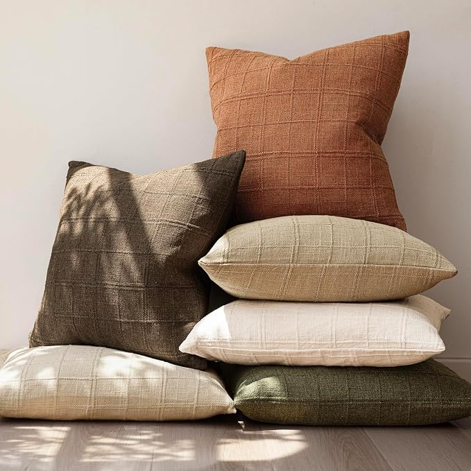 Foindtower Set of 2 Decorative Linen Check Throw Pillow Covers Neutral Farmhouse Vintage Cushion Covers Modern Boho Home Decor for Sofa Chair Couch Bedroom Living Room,20×20 Inch,Orange