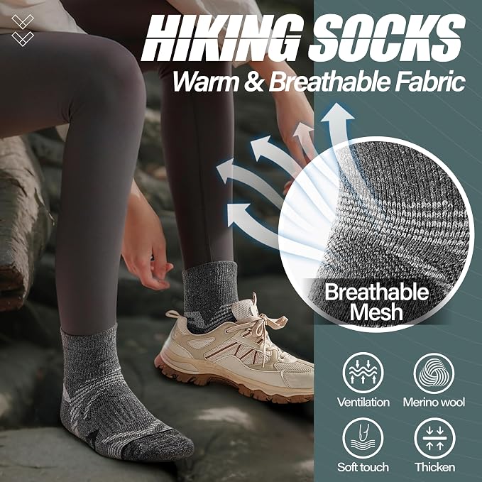 ANTSANG 6 Pairs Merino Wool Quarter Ankle Hiking Running Socks Compression Thermal Thick Cushion Socks for Women Men