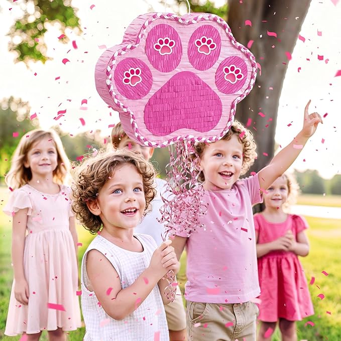 WERNNSAI Pink Dog Paw Pinata - Dog Pinata Pet Theme Party Games Pink Girl Style Puppy Paw Party Decorations Animal Party Supply for Kids Birthday with Blindfold