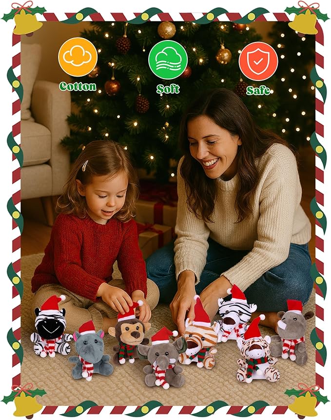 Arrozon 10 Pcs Christmas Small Stuffed Animals Bulk, 6 Inch Mini Plush Toys Stocking Stuffers for Kids, Party Favors, Goodie Bags