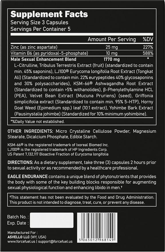 Herbal Supplement Sex Pills for Men – Last Longer in Bed and Enhance Erection Sensitivity – Includes Lab-Tested LJ100 Tongkat Ali & KSM-66 Ashwagandha – 05 Doses for Men Aged 25-60 – Eagle Endurance