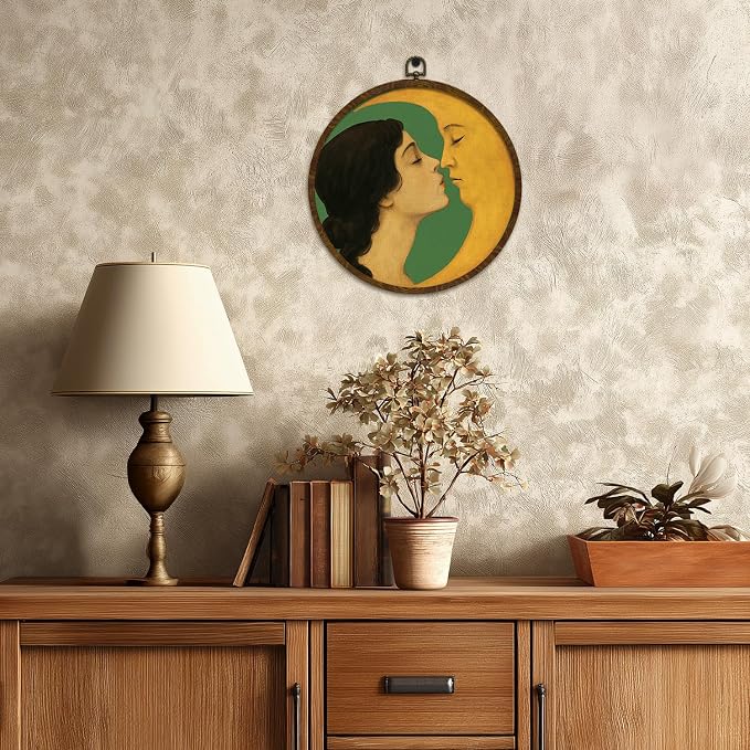 KLYTINK Romantic Moon and Young Girl Round Wall Art,Vintage-Inspired Celestial Canvas Print, Surreal Moon and Woman Hanging Decor for Bedroom, Gallery Wall 10''x10''