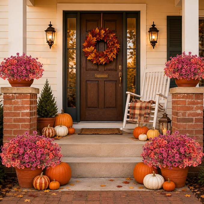Artificial Fake Mums Flowers Plants for Outdoors Autumn Decorations,12 Bundles Faux Mums Silk Daisy Fall Flowers Plant UV Resistant Look Real for Outside Planters Porch Front Yard Home Orange Burgundy