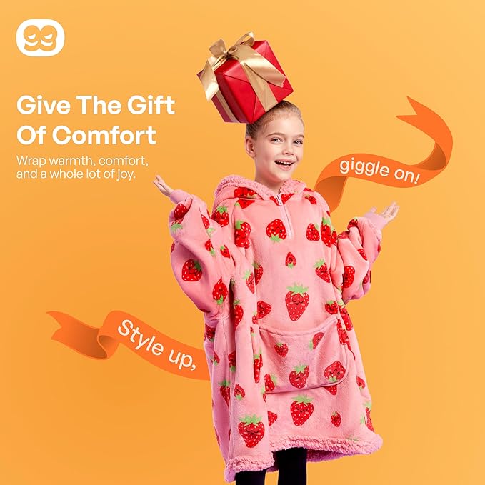 Giggling Getup Wearable Blanket Hoodie for Girls and Boys Warm Cozy Sherpa Fleece Hooded Blanket Sweatshirt Oversized Hoodie with Giant Pocket & Sleeves for Kids Strawberry