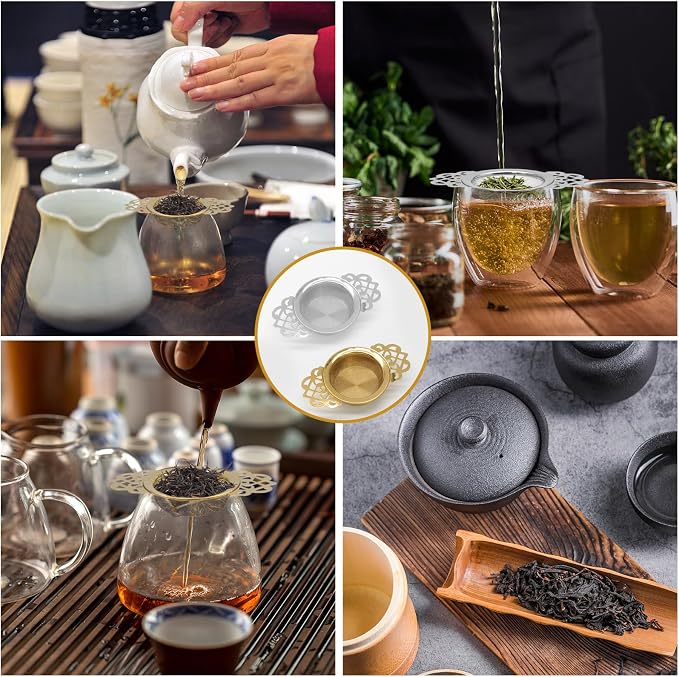 2 Pack Tea Strainers with Drip Bowls Stainless Steel Mesh Tea Infusers Loose Leaf Tea Filter with Handles Tea Steeper for Tea Juice Coffee Drinks, Gold & Silver
