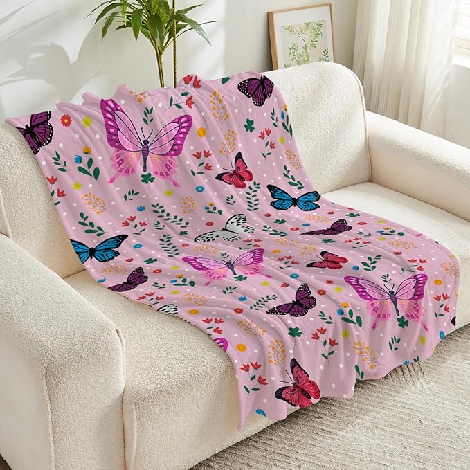Wajade Butterfly Throw Blanket for Girls Teens Women Pink Soft Fuzzy Flannel Bed Blanket for Couch Sofa Bedroom Plush Colorful Flowers Blankets 50”x60”