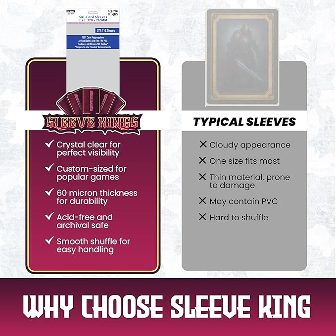 Sleeve Kings Standard Card Sleeves – 110 Count, Clear 60 Micron Thickness, XXL Size (120 x 210 mm), Compatible with Oathsworn & More – SKU: SKS-8835
