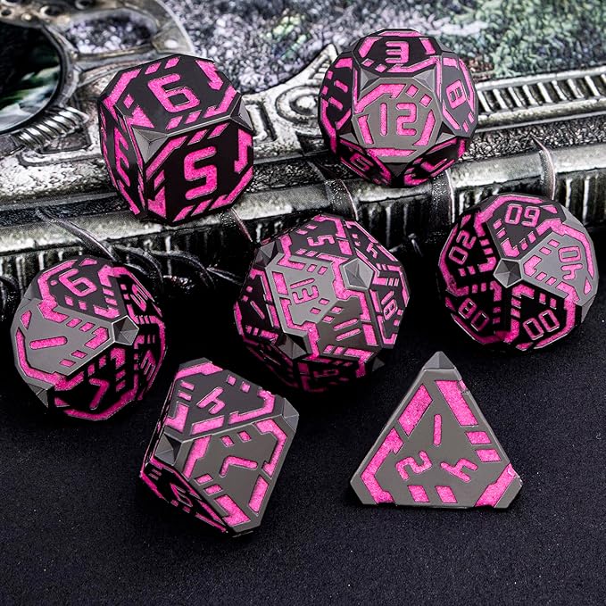 Metal DND Sci-fi Dice Set 7PCS Luminous Pink Stripe Polyhedral Dice for Dungeons Dragons RPG Role Playing Game, Glitter D and D Dice with Gift Box D6 D8 D10 D12 D20