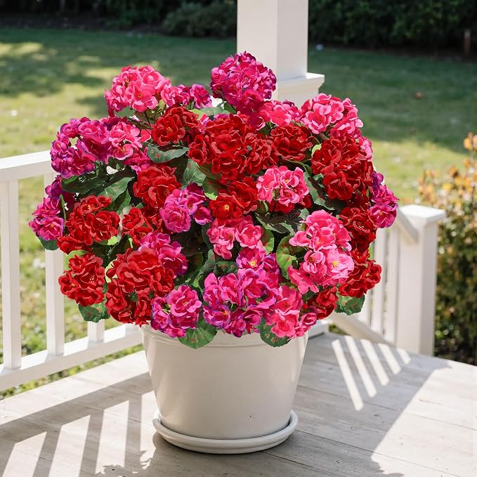 Artificial Geranium Fake Flowers for Outdoors Decoration, 6 Bundles Silk Geraniums Flower UV Resistant Look Real Faux Plants for Front Door Garden Porch Planter Patio Balcony Yard Indoor Home, Mix