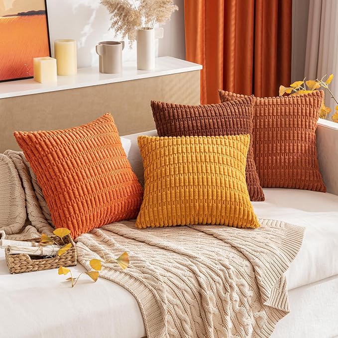 MIULEE Fall Decorative Throw Pillow Covers 16x16 Burnt Orange Pack of 2 | Soft Corduroy Boho Striped Pillow Covers Modern Farmhouse Autumn Home Decor For Sofa Living Room Couch Bed