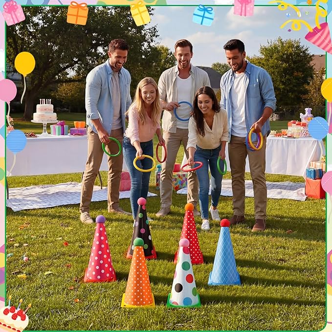 Seenelling 24 Pcs Plastic Ring Toss Game, Birthday Party Game 6 Birthday Hat Cones and 18 Colorful Rings Outdoor Sport Toss Toys Backyard Lawn Cone and Ring for Family Party Activities