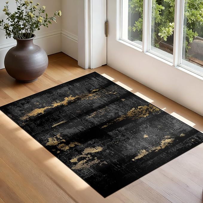RELEANY Washable 2'x3' Abstract Area Rug for Living Room Black Gold | carpet for bedroom, kitchen, office, hallway and entryway, printed pattern, non-slip, soft, stain-resistant, easy to clean