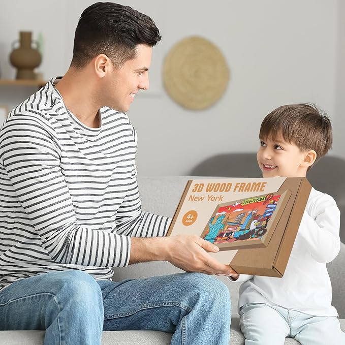 LQG Art Crafts Gift for Kids 4-8 Ages 3D Wooden City Landmark Series Frame Kit for Kids - DIY New York Cartoon Style Puzzle Toys Perfect Wall Art and Tabletop Decoration