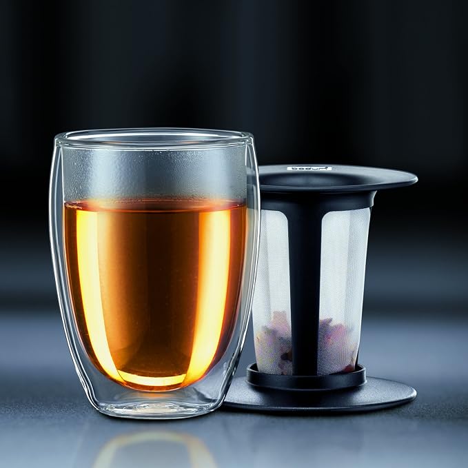 Bodum 12oz Tea Strainer w/Lid, Double Wall, High-Heat Borosilicate Glass, Black (Pack of 4)
