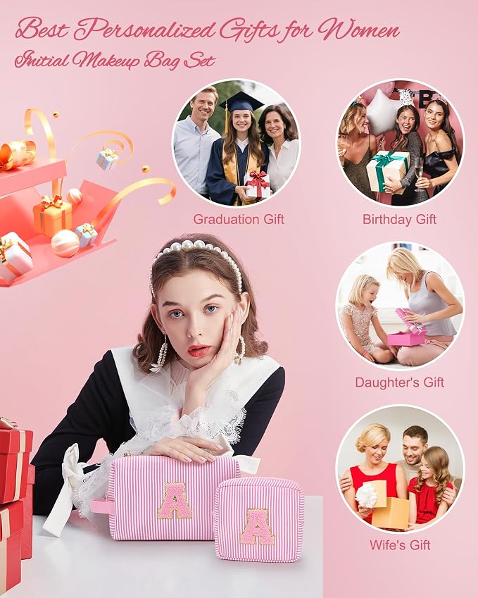MONSTINA Initial Makeup Bags for Women|Cosmetic Bag for Travel Toiletry - Valentine's Gifts for 11 12 13 14 15 16 17 18 Years Old Girls- Graduation Teen Girl Gifts Trendy Stuff Teacher Gift,Pink S