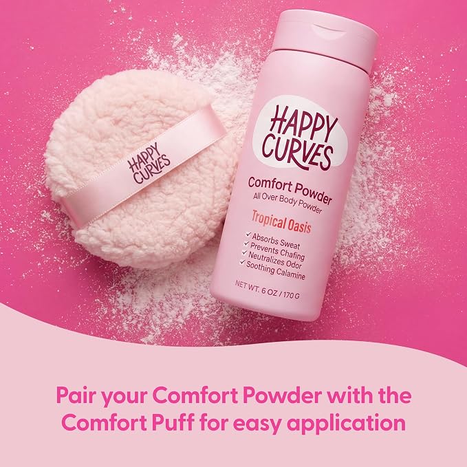 HAPPY CURVES Comfort Powder: Talc Free Anti Chafe Body & Foot Dusting Powder Deodorant to Control Inner Thigh Chafing, and Private Areas 6oz (Pack of 1) - Tropical Oasis