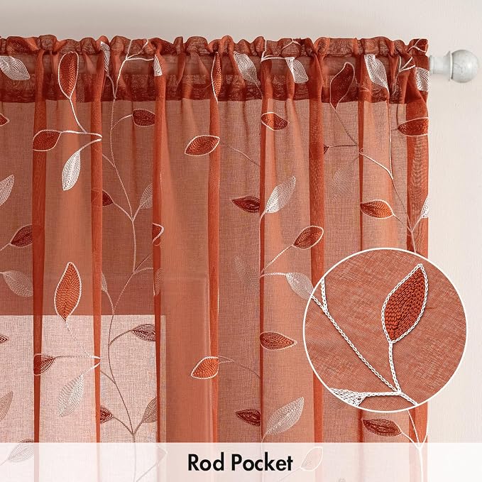MIULEE Terracotta Sheer Curtains 2 Panels Embroidered Leaf Patterned Burnt Orange Rod Pocket Floral Semi Faux Linen Short Fall Window Drapes Set for Kitchen Living Room Bedroom, 52x54 Inches Length