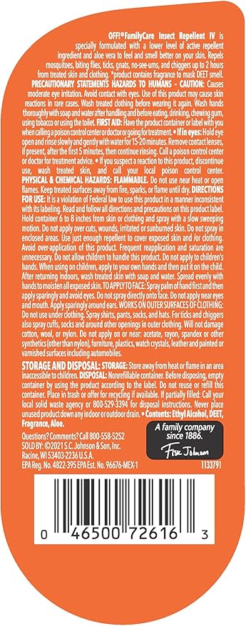 OFF! Family Care Mosquito & Tick Repellent Spritz, Bug Spray Containing 7% DEET, Unscented with Aloe Vera, 9 Oz