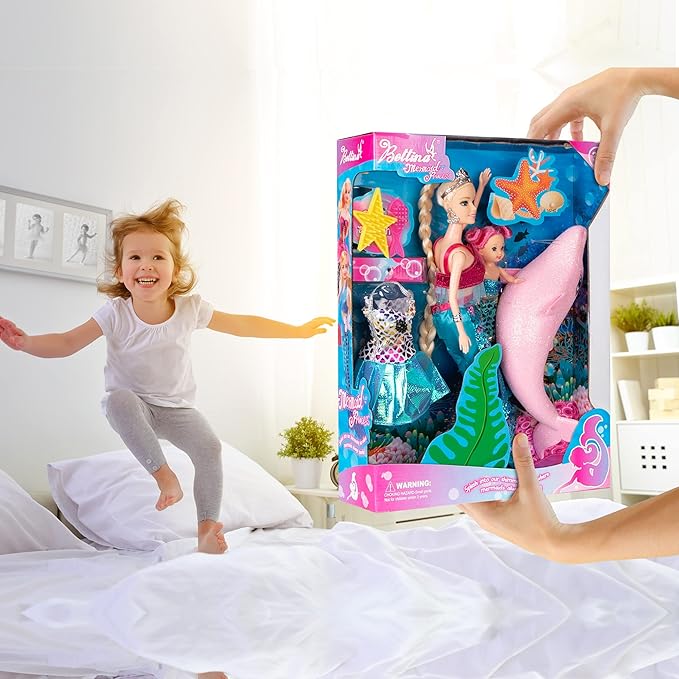 Mermaid Princess Doll with Little Mermaid and Pink Dolphin Playset, Blonde Hair Mermaid Toys with Accessories, Gift for 3 to 7 Year Old Girls