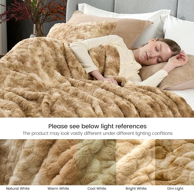 Cozy Bliss Faux Fur Throw Blanket for Couch, Fuzzy Soft Plush Thick Warm Fluffy Reversible Wave Textured Blanket for Sofa Bedroom Living Room, 55 * 70 Inches Tie-dye Khaki