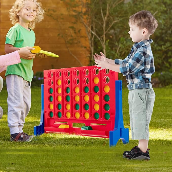 COSTWAY Giant 4 in a Row Game with Storage Carry Bag, Jumbo 4-to-Score Game w Chess, Quick Release Slider for Kids Adults, Indoor Outdoor Backyard Connect Game Set (Blue&Red)