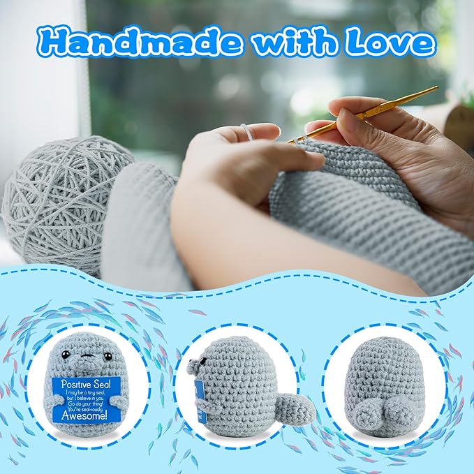 for Women,Men,Mom,Wife, Kids,Friends, Students,Coworkers–Crochet Seal Amigurumi Gift with Pun Card “Seal-iously Awesome”,Handmade Yarn Ornament,Birthday or Holiday Desk Decoration