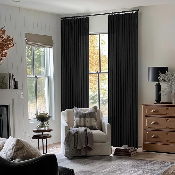 TWODRAPES Black Linen Semi Sheer Curtains 90 Inches Long for Living Room Bedroom Light Filtering Black Textured Burlap Pinch Pleated Curtains 90 Length Hooks Rings Back Tab for Sliding Door 2 Panels