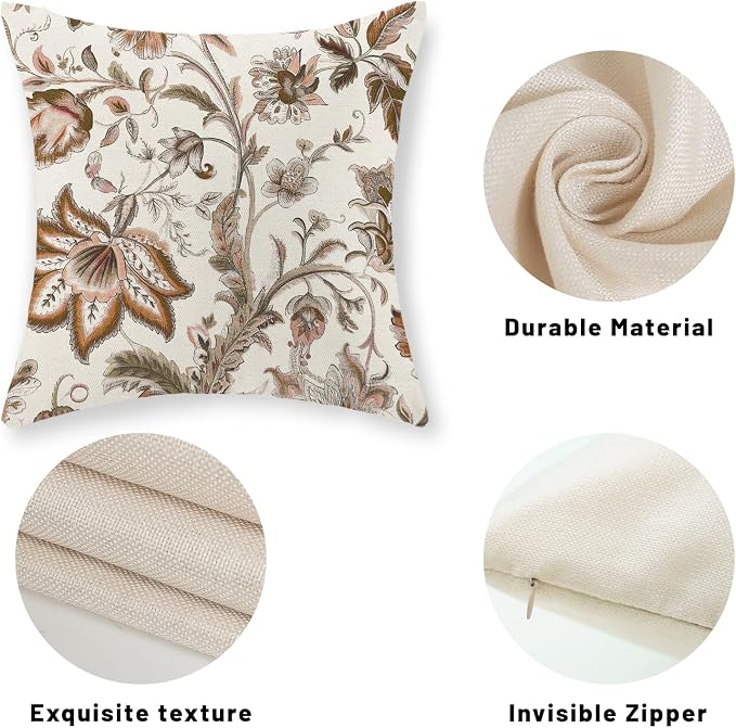 Brown Pillow Covers 18x18 Inch Set of 2 Brown Chinoiserie Floral Throw Pillows Boho Vintage Flowers Decorative Pillow Cases Outdoor Chinoiserie Decor Farmhouse Cushion Case for Couch Sofa