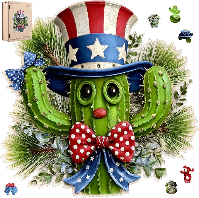 MEATRN Puzzles for Adults - Playful Cartoon Cactus Design with Hat Wooden Puzzles, Unique Plants Wood Jigsaw Puzzle for Friends and Children Gift, Family Game, 491 Pcs, 17 x 16.9in