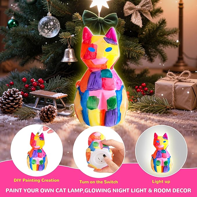 lucdnc Paint Your Own Cat Lamp Kit DIY Night Light Arts & Crafts Supplies Painting Kits for Kids Birthday Easter Christmas Gifts Stocking Stuffer Toys for Teens Girls Boys Ages 3-12+