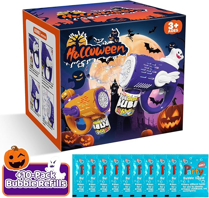 2 Halloween Bubble Gun Toys - Light-Up Bubble Machine for Kids Toddlers with 10 Refill Packs Ghost & Pumpkin, Fun Fall Gifts Party Favors Boo Basket Stuffers for Boys Girls 3 4 5 6 7 8 9 + Year Old