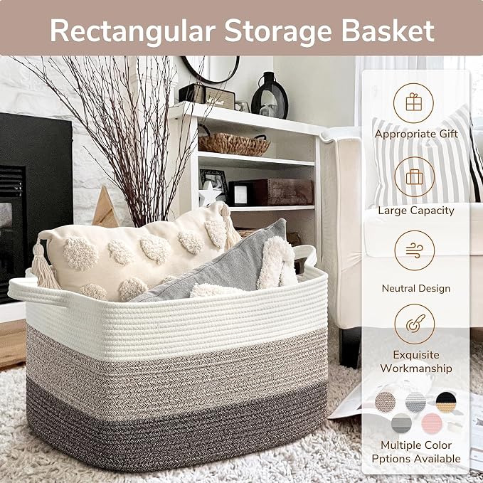 Goodpick Large Woven Rope Blanket Basket, Rectangle, White Brown | 21.6'' x 14.9'' x 11.8'' Storage Basket for Blankets & Toys, Living Room, Bedroom & Nursery Organization, Reinforced Handles
