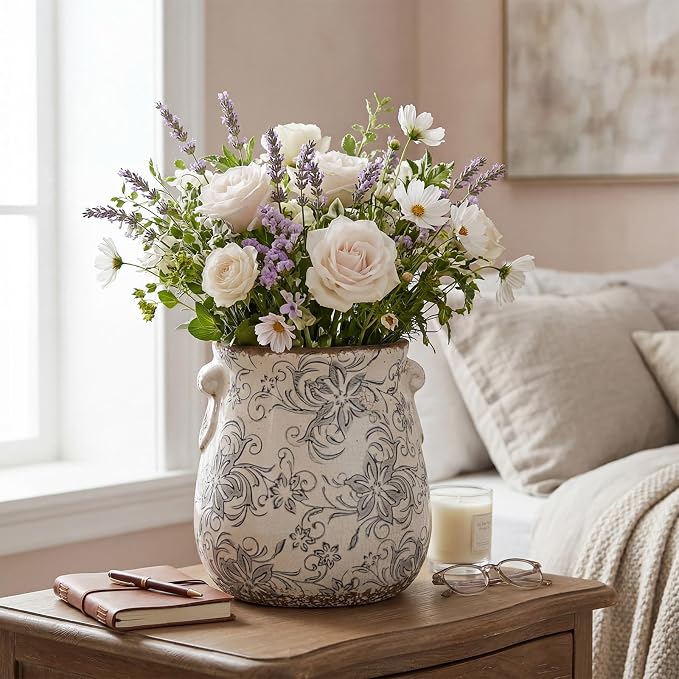 Ceramic Scroll Planter 6.5 Inch Chinoiserie Floral Vase with Drainage Holes Vintage Flower Vase Flower Pot Rustic Ceramic Pots for Indoor Plants Garden Home Bookshelf Decor(Gray Camellia)