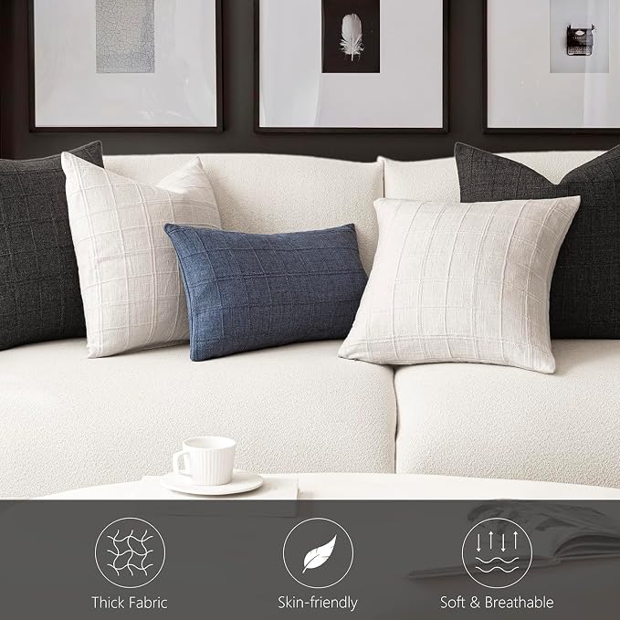 Foindtower Set of 2 Decorative Linen Check Throw Pillow Covers Neutral Farmhouse Vintage Cushion Covers Modern Boho Home Decor for Sofa Chair Couch Bedroom Living Room,18×18 Inch,Charcoal