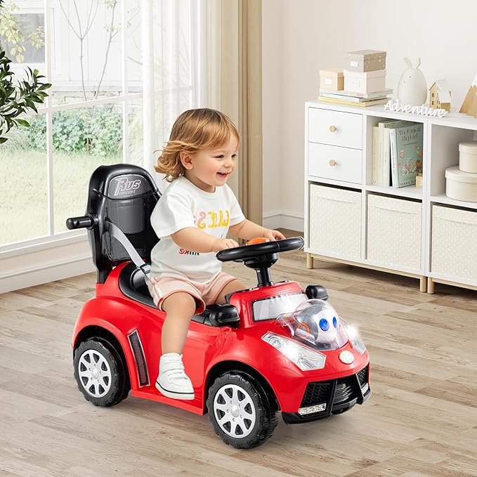 Costzon Push Car for Toddlers, 3 in 1 Stroller Sliding Walking Car with Handle, Canopy, Seat Belt, Horn, Music & Lights, Under-Seat Storage, Guardrail, Foot-to-Floor Ride On Toy for Boys Girls (Red)