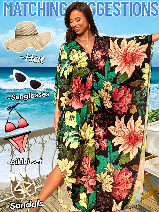 ChiaoLezhee Print Moo-Moos for Women, Kaftan Cover-Up Dresses, Sexy V-Neck High-Slit, Beach Pool-Party Coverups Muumuu Plus