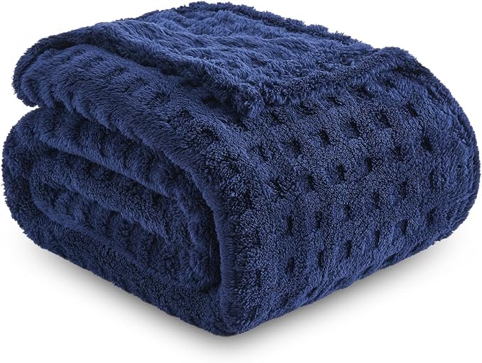 NEWCOSPLAY 3D Waffle Checkered Flannel Throw Blanket, Dark Navy, 50"x70" | Super Soft Cute Lightweight Decorative Premium Silky Fleece Blanket for Couch Sofa Bed, Gift for Women Men, All Season Use