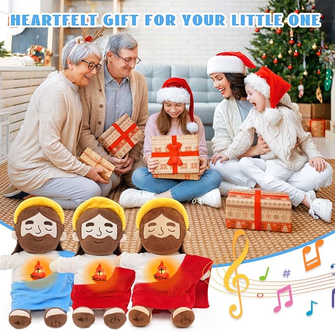 Soothing Jesus Plush Toys with Light & Sound, Jesus Stuffed Breathing Plushy Doll, Christian Catholic Religious Plushie Christmas Easter Gifts for Kids Baby (Brown)