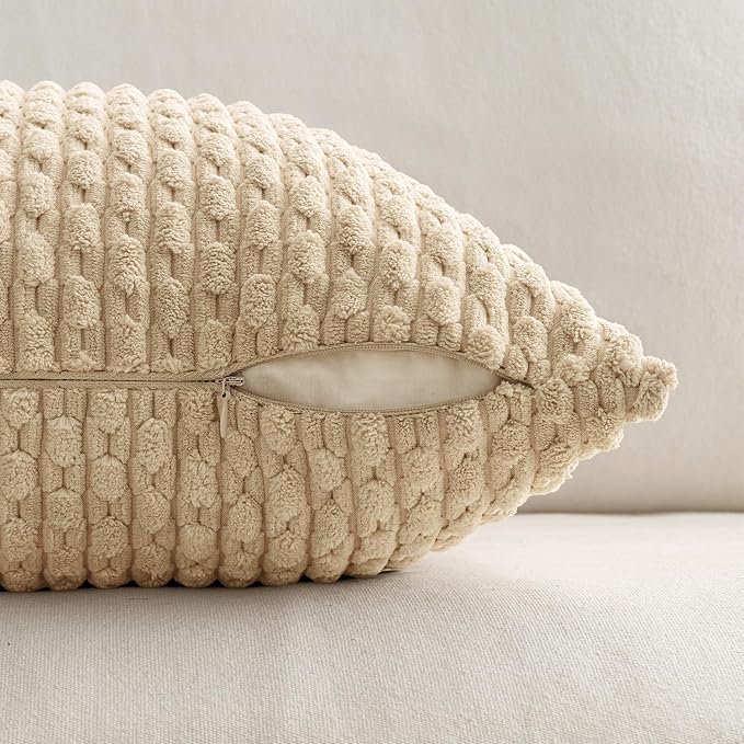 MIULEE Decorative Throw Pillow Covers 18x18 Beige Textured Corduroy | Pack of 2 Striped Pillow Covers Modern Farmhouse Home Decor for Couch Bed Sofa Living Room