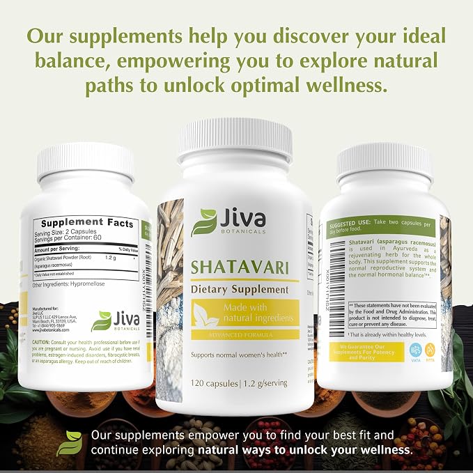 Jiva Botanicals Shatavari Supplement 1200mg - Shatavari Root Powder for Normal Hormonal Balance and Normal Energy Levels - Made in The USA - Non GMO, Vegan - 120 Capsules (Pack of 1)