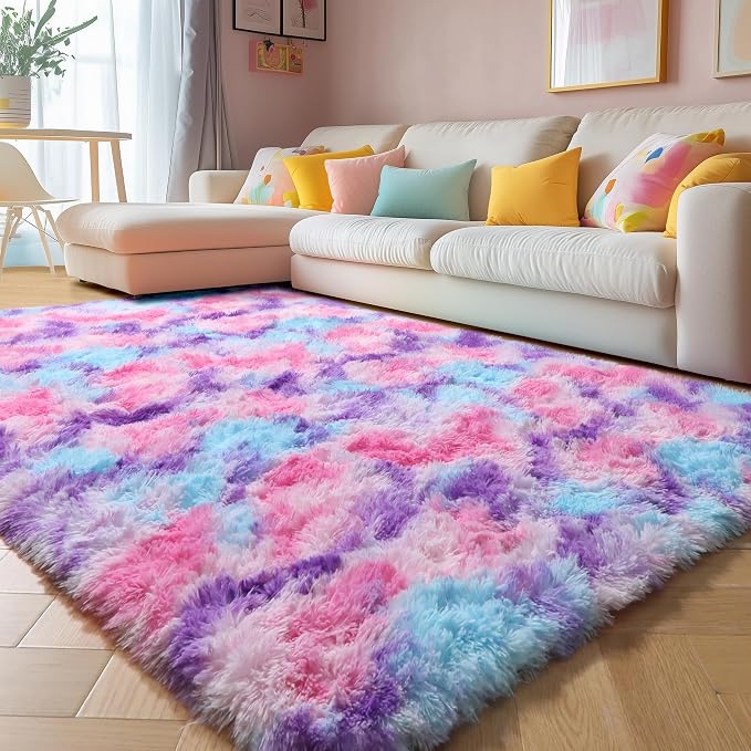 Amdrebio Pink Blue Purple Big Shaggy Rug 6x9 for Living Room Girls Bedroom | Fluffy Shag Plush Pastel Kids Carpet, Classroom Nursery Playroom Decor, Cutecore Aesthetic, Baby Toddler Corner, Colorful