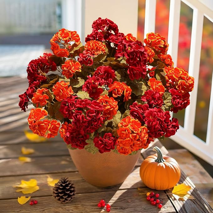 Fake Geraniums Artificial Flowers for Outdoors Fall Autumn Decoration, 6 Bundles Silk Geraniums Look Real Faux Fall Flowers Plants for Front Door Garden Planter Patio Balcony Yard Home Indoor, Mix