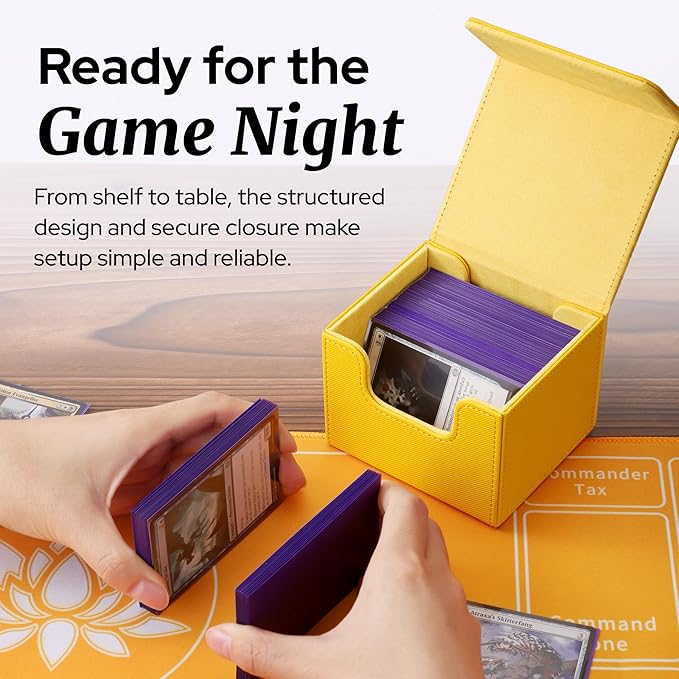 4 Pack MTG Commander Deck Box with 50 Card Sleeves - Holds 400+ Double Sleeved Cards (100+ Per Box), Leather Magic The Gathering Deck Box Set, 8 Dividers, Magnetic Closure, Orange/Yellow/Grey/White