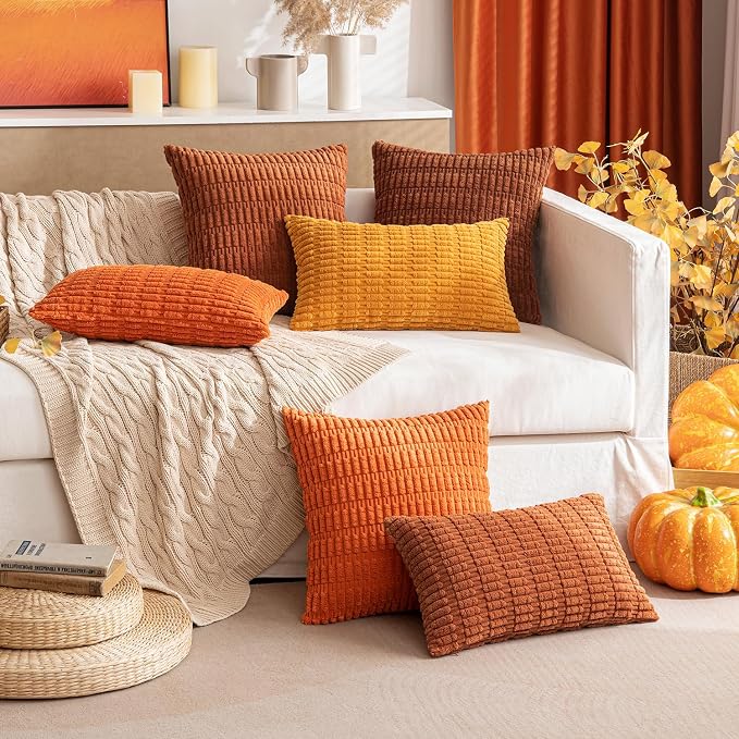MIULEE Fall Lumbar Corduroy Decorative Throw Pillow Covers 12x20 Orange | Pack of 2 Soft Boho Striped Pillow Covers Modern Farmhouse Autumn Home Decor For Sofa Living Room Couch Bed