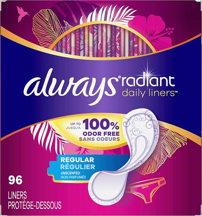 Always Radiant Liners, Unscented, 96 Count,Pack of 4 (Total 384 Count) (Packaging May Vary)