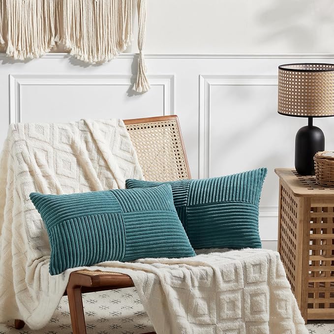 Fancy Homi 2 Packs Teal Long Lumbar Decorative Throw Pillow Covers 12x24 Inch for Couch Bed Sofa, Rustic Farmhouse Boho Home Decor, Soft Striped Corduroy Rectangle Accent Cushion Case 30x60 cm